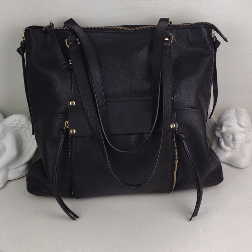 Classic Black Very Soft Leather Like Multi Tasseled Gold Tone HardwareTote Bag - Picture 2 of 14